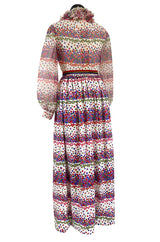 1970s Mollie Parnis Balloon Sleeve Confetti Print Silk Twill & Silk Chiffon Dress w Ruffled Collar