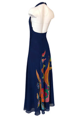 c.1972 Unlabeled Karl Lagerfeld Chloe Hand Painted Halter Dress & Scarf