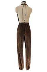 1970s Unlabeled Metallic Copper Lame Lurex Backless Jumpsuit w Halter Front