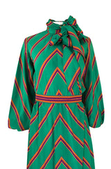 1970s Pauline Trigere Green Striped Silk Dress w Unusual Sleeves