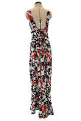 Stunning 1930s Coral, Black & Pale Grey Floral Silk Print Bias Cut Backless Dress