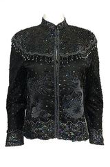 1980s Jenny Lewis Iridescent Beaded & Sequinned Black Silk Jacket