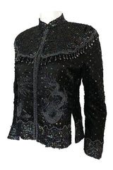 1980s Jenny Lewis Iridescent Beaded & Sequinned Black Silk Jacket