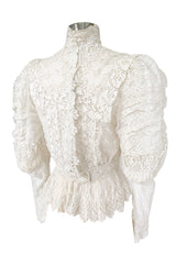 c1900s 3D White Embroidered Lace on Fine Silk Net Top w Elaborate Sleeves