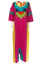 1960s Josefa Vibrant Pink and Primary Color Cotton Caftan Dress