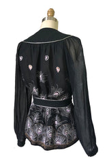 1970s Janice Wainwright Embroidered Peacock Feather Chiffon Wrap Top