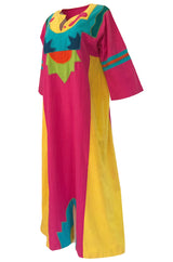 1960s Josefa Vibrant Pink and Primary Color Cotton Caftan Dress