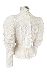 c1900s 3D White Embroidered Lace on Fine Silk Net Top w Elaborate Sleeves