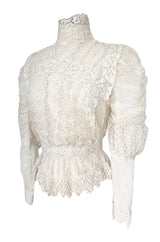 c1900s 3D White Embroidered Lace on Fine Silk Net Top w Elaborate Sleeves