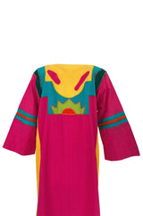 1960s Josefa Vibrant Pink and Primary Color Cotton Caftan Dress