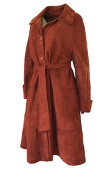 1960s Rust Colored Soft Suede Voluminous Swing Tent Coat w Belt
