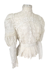 c1900s 3D White Embroidered Lace on Fine Silk Net Top w Elaborate Sleeves