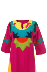 1960s Josefa Vibrant Pink and Primary Color Cotton Caftan Dress