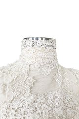 c1900s 3D White Embroidered Lace on Fine Silk Net Top w Elaborate Sleeves