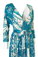 Rare 1972 Hermes 'Cliquetis' by Julia Abadi Printed Turquoise Silk Jersey Dress