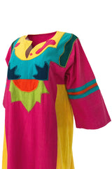 1960s Josefa Vibrant Pink and Primary Color Cotton Caftan Dress
