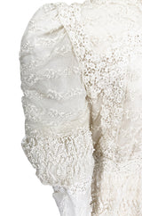 c1900s 3D White Embroidered Lace on Fine Silk Net Top w Elaborate Sleeves
