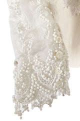 c1900s 3D White Embroidered Lace on Fine Silk Net Top w Elaborate Sleeves
