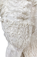 c1900s 3D White Embroidered Lace on Fine Silk Net Top w Elaborate Sleeves