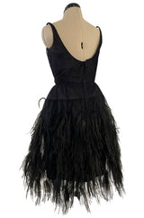 Fabulous Early 1960s Jean Louis Black Silk Chiffon Dress w Elaborate Feather Detailed Skirt