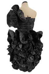 Incredible Fall 1985 Christian Dior by Marc Bohan Black Silk Taffeta Dress w Extravagant Ruffles