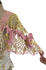 1960s Handmade Crocheted Crop Top w Open Front Pink Sleeves & Gold Metallic Accents