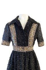 Late 1960s Oscar De La Renta Gold Metallic Eyelash Silk Organza Dress w Silver Metallic Detailing