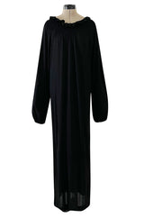 Gorgeous 1970s Givenchy Black Silk Crepe Jersey Dress w Gathered Neckline & Pouf Sleeves
