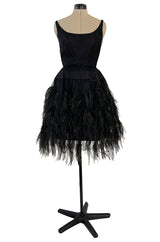 Fabulous Early 1960s Jean Louis Black Silk Chiffon Dress w Elaborate Feather Detailed Skirt