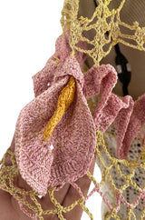 1960s Handmade Crocheted Crop Top w Open Front Pink Sleeves & Gold Metallic Accents