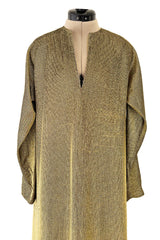 Fantastic 1970s Halston Metallic Gold Lame Lurex Full Length Caftan Dress w Notched Neckline