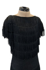 Extraordinary 1930s Black Silk Sheath Dress w Head to Toe Rows of Black Fringe