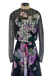 Beautiful 1970s Ted Lapidus Ribbon Weave Silk Chiffon Dress w Prettiest Floral Print