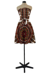 Fantastic 1970s Strapless Extended Multi Tie Bohemian Cotton Batik Print Dress