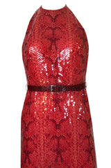 Documented 1974 Bill Blass Red Sequin Snakeskin Print Halter Dress