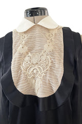 Gorgeous Upcycled Vintage Black Silk Tuxedo Feel Top w Hand Applied Lace Detailing