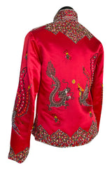 Fabulous 1960s Extensively Beaded & Sequin Front Zip Red Silk Satin Asian Jacket
