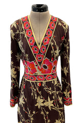 Prettiest 1970s Emilio Pucci Original Pink & Coral Floral Print Brown Silk Jersey Dress