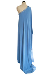 Beautiful Fall 2018 Alexis Mabille Dusty Blue One Shoulder Dress w Lace Insets