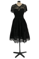 Gorgeous Late 1970s Pauline Trigere Black Wool Crepe Dress w Lace Skirt & Shoulders