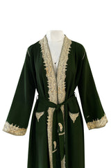 Wonderful 1920s Antique Hand Embroidered Crewel Deep Forest Green Wrap Robe or Coat
