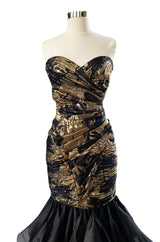 Fall 1988 Emanual Ungaro Strapelss Gold Metallic Black & Gold Ruffled Hem Dress