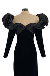 Dramatic 1980s Nina Ricci Black 'Garda' Velvet Dress w Pleated Silk Taffeta Ruffled Shoulders