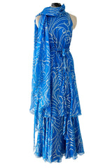 Extraordinary Fall 1979 Christian Dior by Marc Bohan Blue Silk Dress w Metallic Gold & Silver Detail