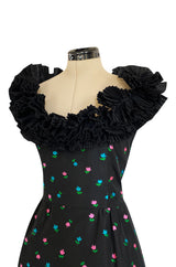 1970s Louis Mies Couture Level Black Silk Taffeta Dress w Embroidered Flowers & Ruffled Detailing