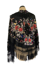 Antique 1920s Embroidered Silk Fringe Curved Cape or Shawl w Tassel Detailing