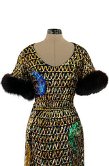 Late 1960s Oscar De La Renta Gold Sequin & Huge Paillettes Detailed Dress w Mink Cuffs
