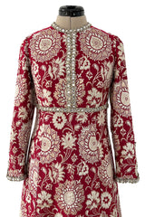 Stunning 1970s Adele Simpson Red & Gold Brocade Dress w Rhinestone Detailing