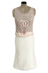 Cruise 2004 Chanel by Karl Lagerfeld Three Piece Ivory Silk Boucle Suit w Silk Chiffon Edging