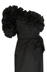1980s Morton Myles Dramatic Ruffled and Bowed One Shoulder Dress